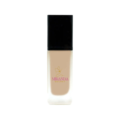 Foundation bottle with black cap and beige body on a white background