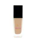 Foundation bottle with black cap and beige body on a white background