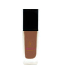 Cosmetic bottle with brown shade and black cap on a white background