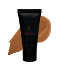 Black tube of Miranda Secret foundation with a swatch on a white background
