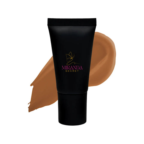 Black tube of Miranda Secret foundation with a swatch on a white background