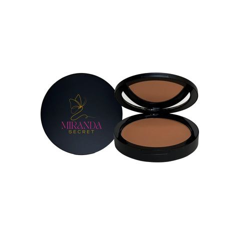 Miranda Secret compact powder with open lid showing brown shade on a white background