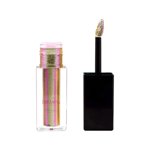 Eye gel make up with a colorful striped design and black applicator on a white background