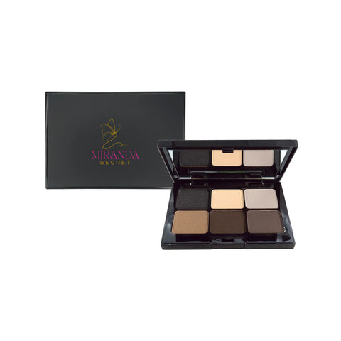 Makeup palette with six color swatches and a Miranda Secret branded box on a white background