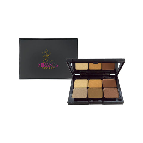 Makeup palette with six shades and a black box featuring Miranda Kerr's logo on a white background