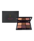 Makeup palette with shades of brown and pink, open and closed, on a white background.