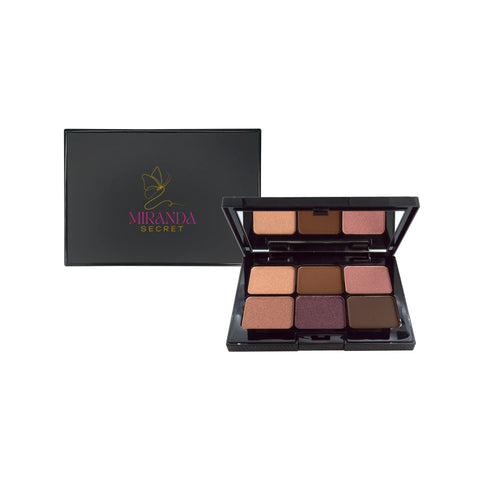 Makeup palette with shades of brown and pink, open and closed, on a white background.