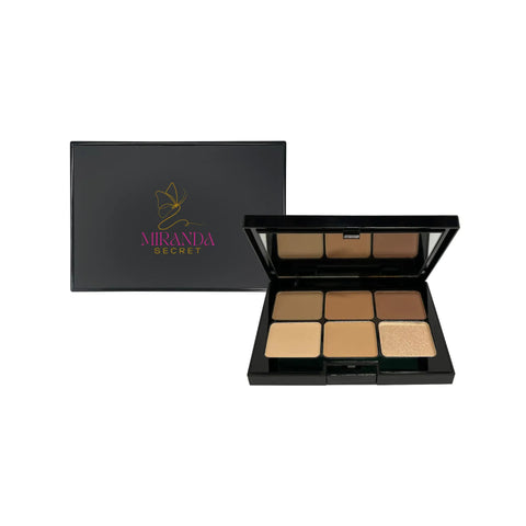 Makeup palette with open lid showing shades and closed black box with 'Miranda Secret' logo on a white background