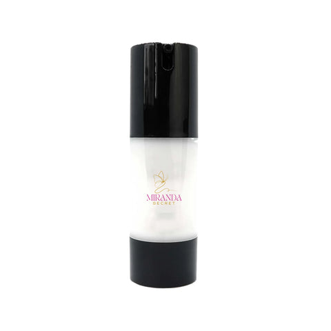 Skincare bottle with black cap and white body on a white background, featuring the Miranda Secret brand.