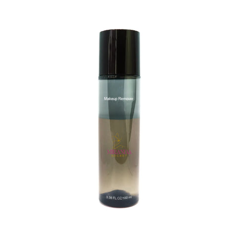 Makeup remover bottle with black cap on a white background