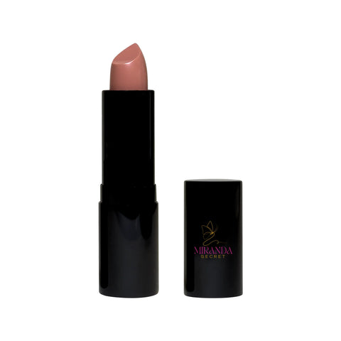 Lipstick with black casing and pink shade on a white background, featuring the Miranda Secret logo.