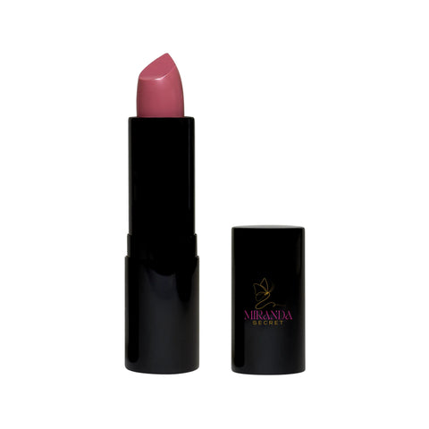 Pink lipstick with black case on a white background, featuring the Miranda Secret logo.