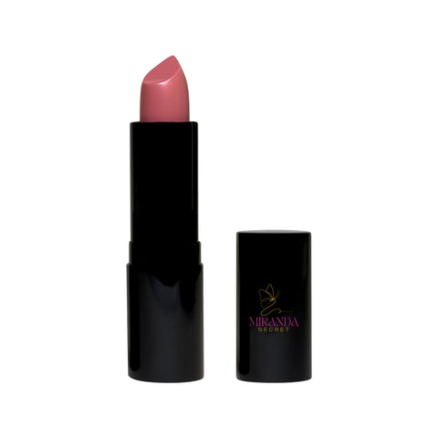Pink lipstick with black case on a white background, featuring the Miranda Secret
