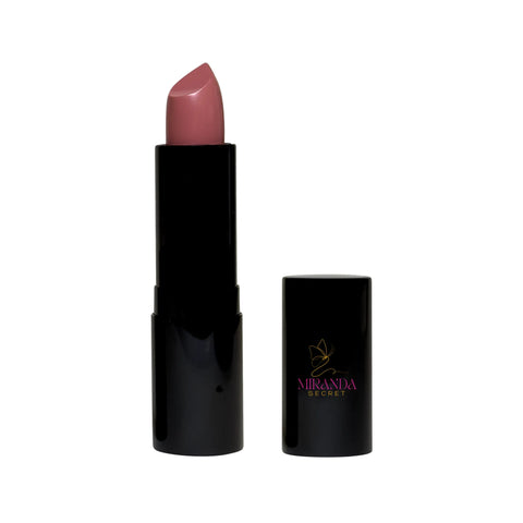 Lipstick with black case on a white background, featuring the Miranda Beach brand.