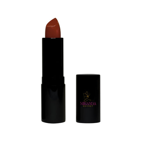 Brown lipstick with black case on a white background, featuring the Miranda Secret logo.