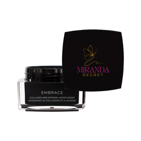 Cosmetic jar and black lid with 'Miranda Secret' branding on a white background