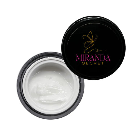 Open jar of cream with 'Miranda Secret' lid on a white background