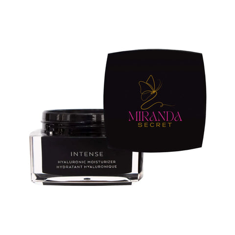 Black jar of Intense Hyaluronic Moisturizer with Miranda Secret packaging on a white background