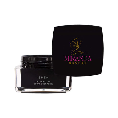 Black jar of Shea body butter with black lid and 'Miranda Secret' branding on a white background