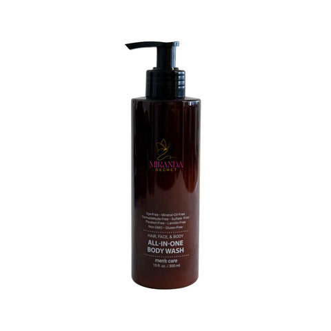Brown bottle of Miranda Secret Men's Care All-In-One Body Wash on a white background