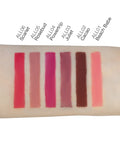Lipstick swatches on a arm with color names labeled