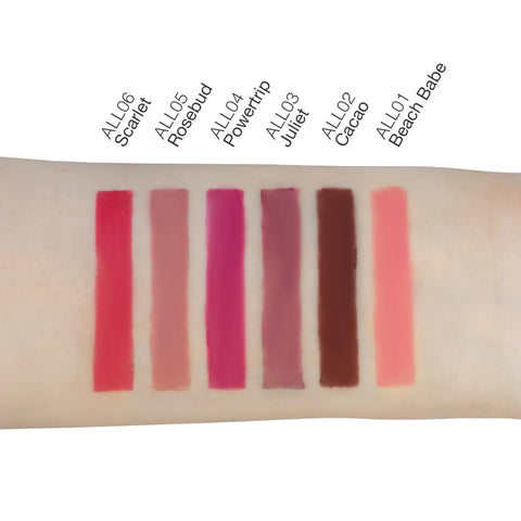 Lipstick swatches on a arm with color names labeled