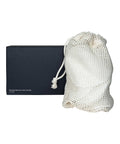 Mesh drawstring bag with a black box labeled 'Mesh Drawstring Bag' on a white background