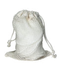 White mesh drawstring bag on a white background