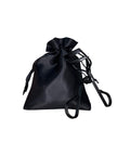 Black satin drawstring bag with a black strap on a white background