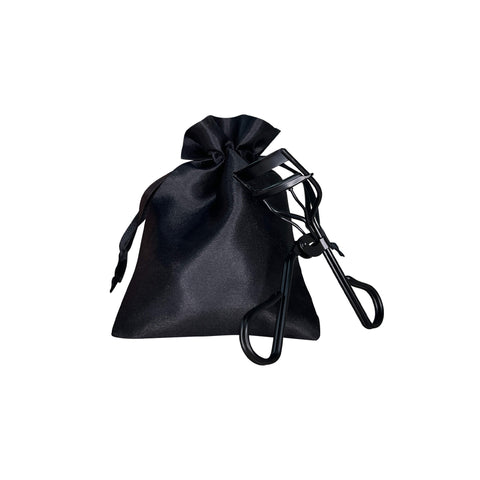 Black satin drawstring bag with a black strap on a white background