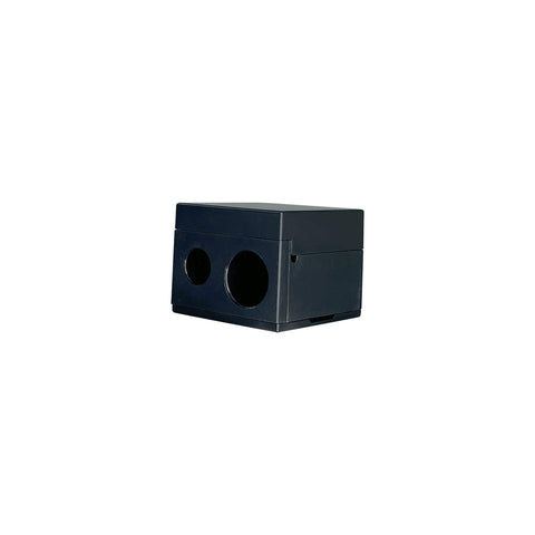 Black rectangular box with circular holes on a white background