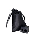 Black drawstring bag and black square container on a white background