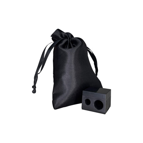 Black drawstring bag and black square container on a white background