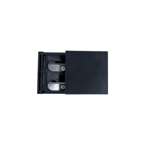 Black cassette tape with open lid on a white background