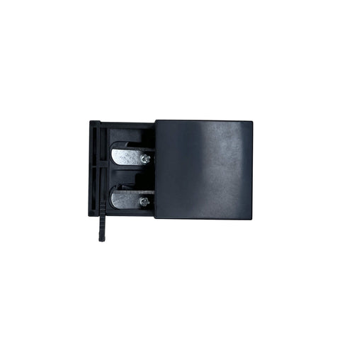 Black pencil sharpener with three blades on a white background