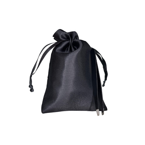 Black drawstring pouch on a white background