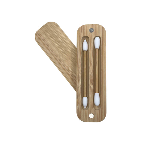 Wooden earbud case with three white earbuds on a white background