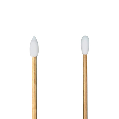 Two cotton swabs with wooden handles on a white background