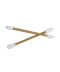 Two wooden cotton swabs with white foam tips on a white background