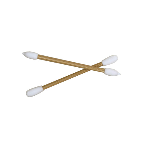 Two wooden cotton swabs with white foam tips on a white background