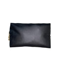 Black pouch with a gold zipper on a white background