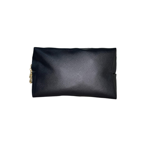 Black pouch with a gold zipper on a white background