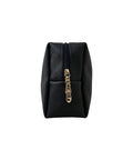 Black pouch with a gold zipper on a white background