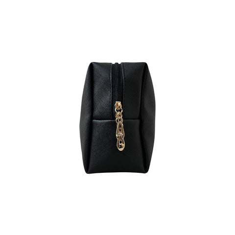Black pouch with a gold zipper on a white background