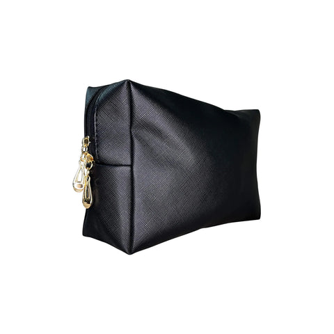 Black pouch with gold zipper on a white background