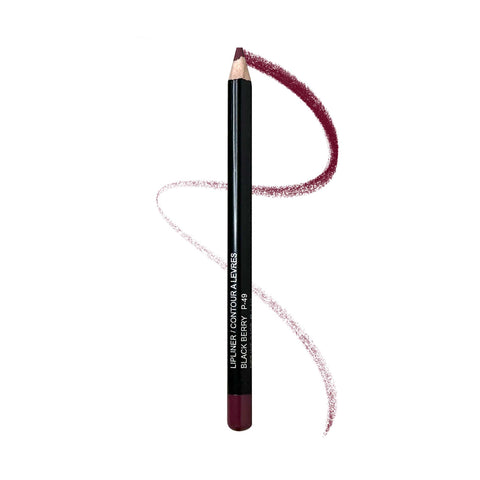 Lip liner pencil with black casing and red-brown color on a white background