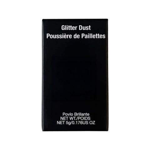 Black packaging of glitter dust with white text on a white background