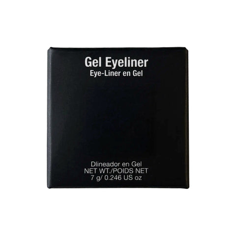 Black gel eyeliner pencil packaging with white text on a white background