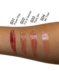 Lip oil swatches on a arm with color names and codes.