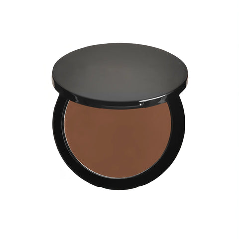 Compact brown powder in a black case on a white background
